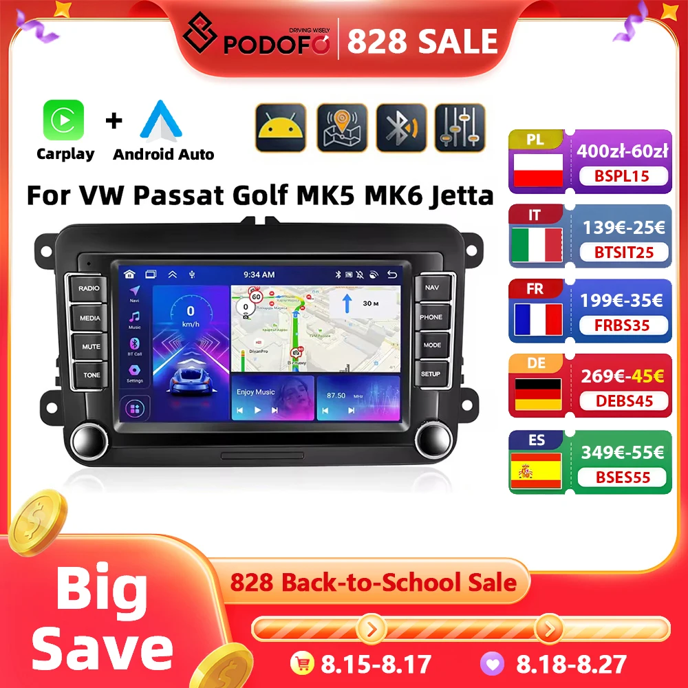 Podofo 7 ''8 + 128G autoradio per VW/PASSAT/TOURAN/GOLF/POLO lettore multimediale 8Core Carplay Android navigazione GPS per auto WIFI 4G