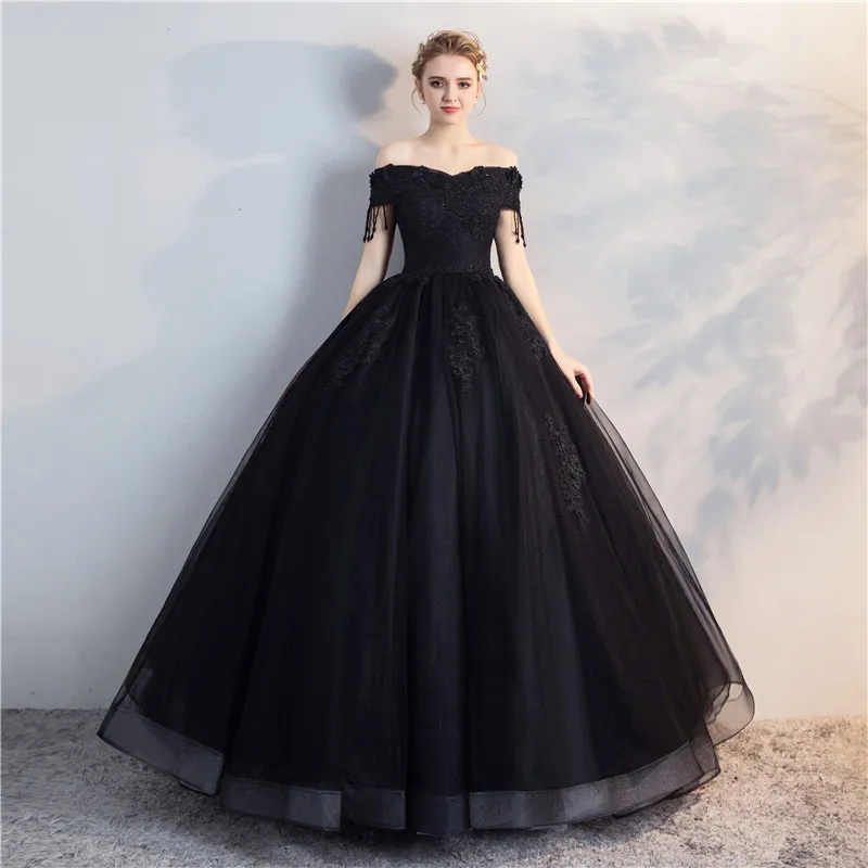 New Evening Dress 2024 Black One Shoulder Fluffy Skirt, Host\'s Evening Performance Long Princess Skirt, Wedding Dress