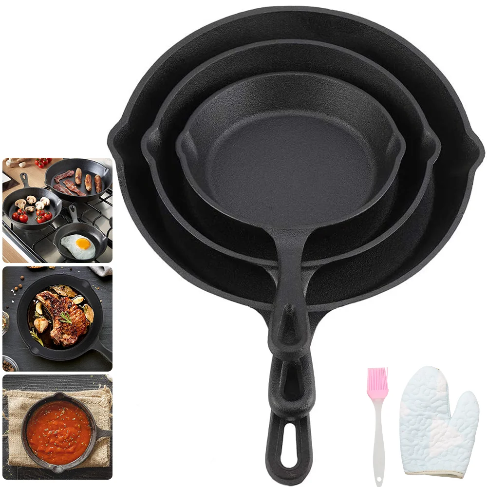 Sartén de hierro fundido de 3 piezas, sartén antiadherente, olla para freír de cocina, sartén para desayuno, tortilla, panqueque, utensilios de cocina de inducción
