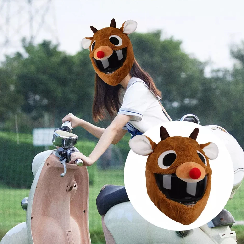

Universal Cartoon Elk Motorcycle Head Cover Christmas Helmet Cover Fluffy Plush Set Christmas Cosplay Splicing Head Cover