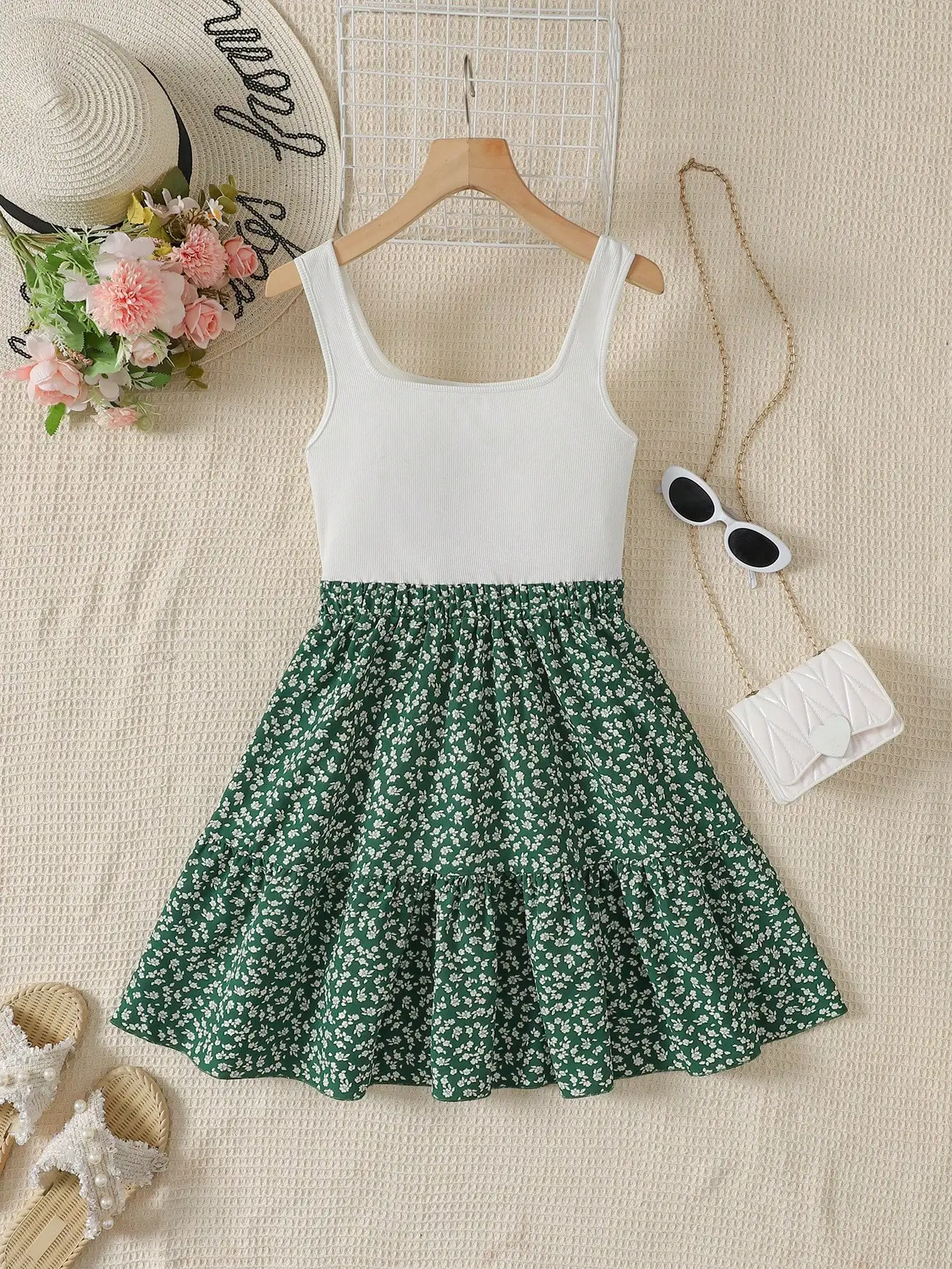 

White Knit Top Green Floral A-Line Sleeveless Casual Mini Dress