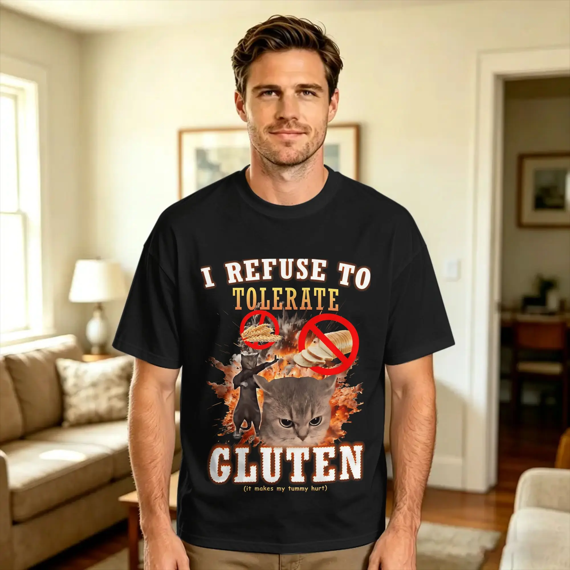 Men I Refuse to Tolerate Gluten Funny Cat Meme T Shirt  Pure Cotton Tops Novelty Short Sleeve Crewneck Tees 6XL T-Shirt