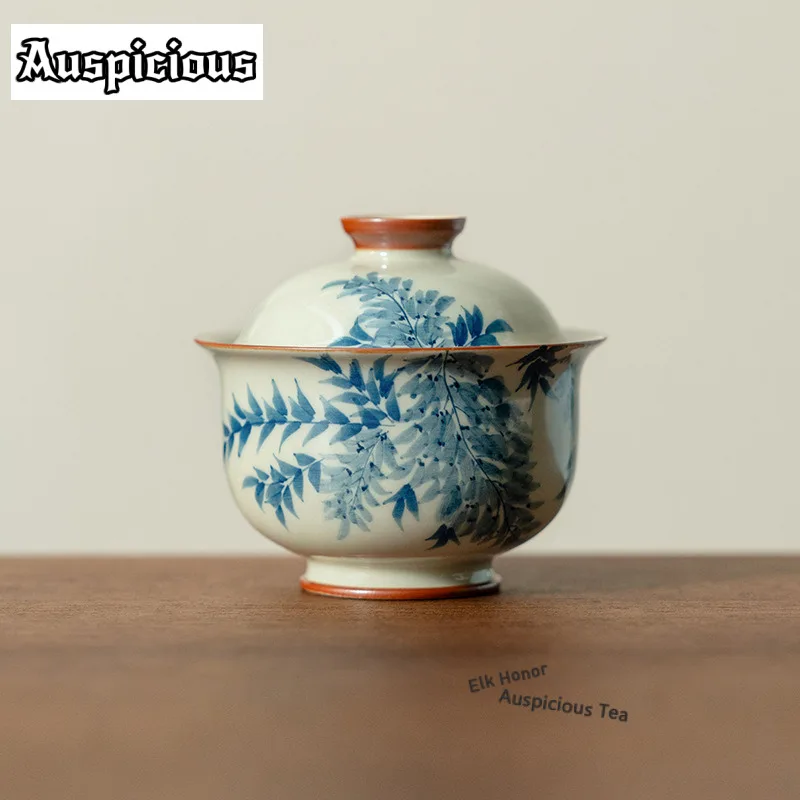 

100ml Hand-painted Wisteria Flower Plant Gray Gaiwan Zen Tea Tureen Tea Bowl with Lid Kit Tea Brewing Cover Bowl Cafes Ornaments