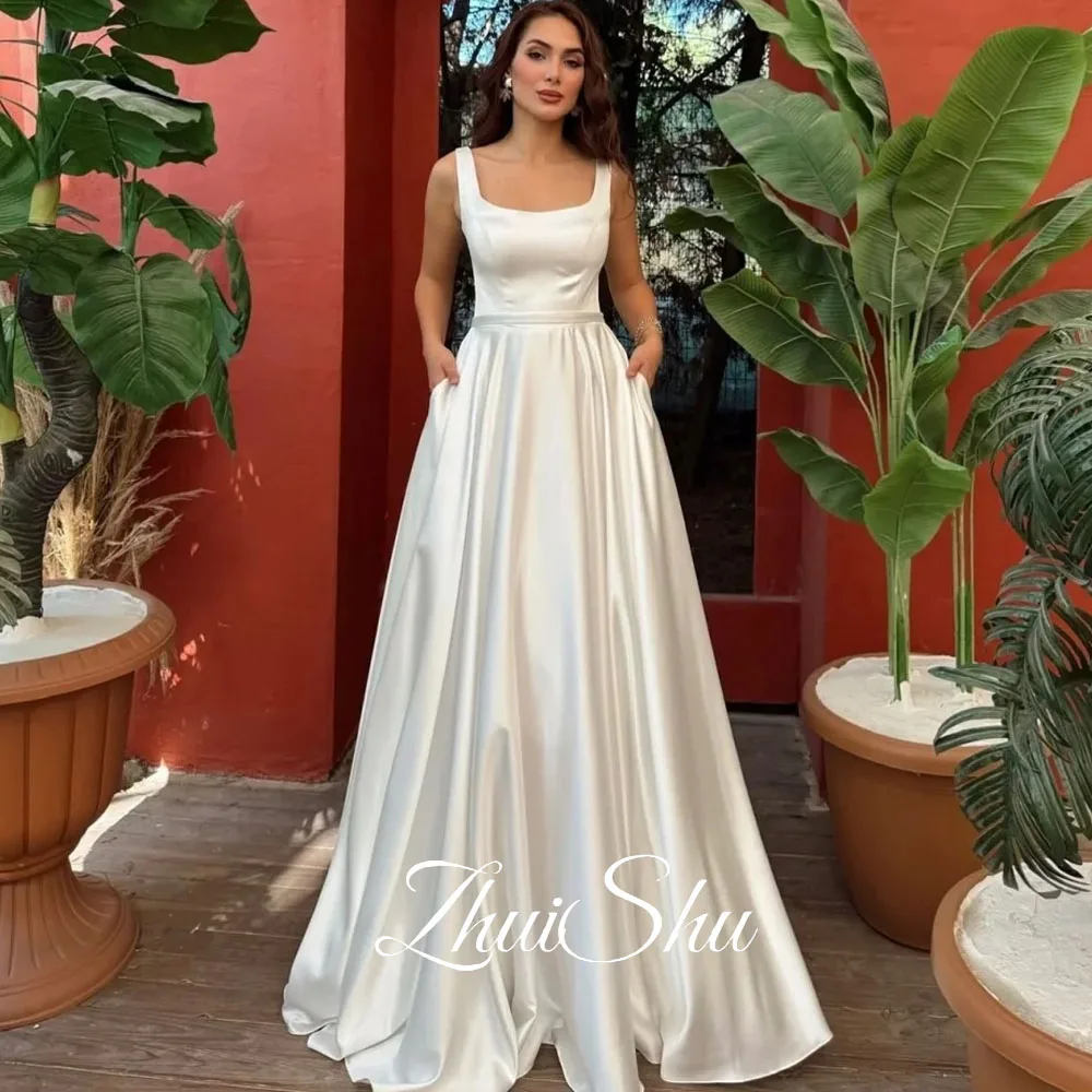 

Sleeveless Simple Wedding Dresses Woman Elegant Satin Evening Party Dress Square Collar Customized Satin Prom Gown Robe Soiree