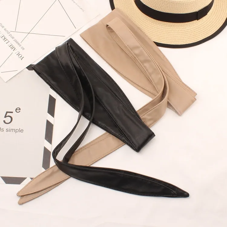 فستان نسائي أنيق من جلد البولي يوريثان مزين بحزام ريترو بلون سادة كاجوال وربطة عنق مناسبة تمامًا