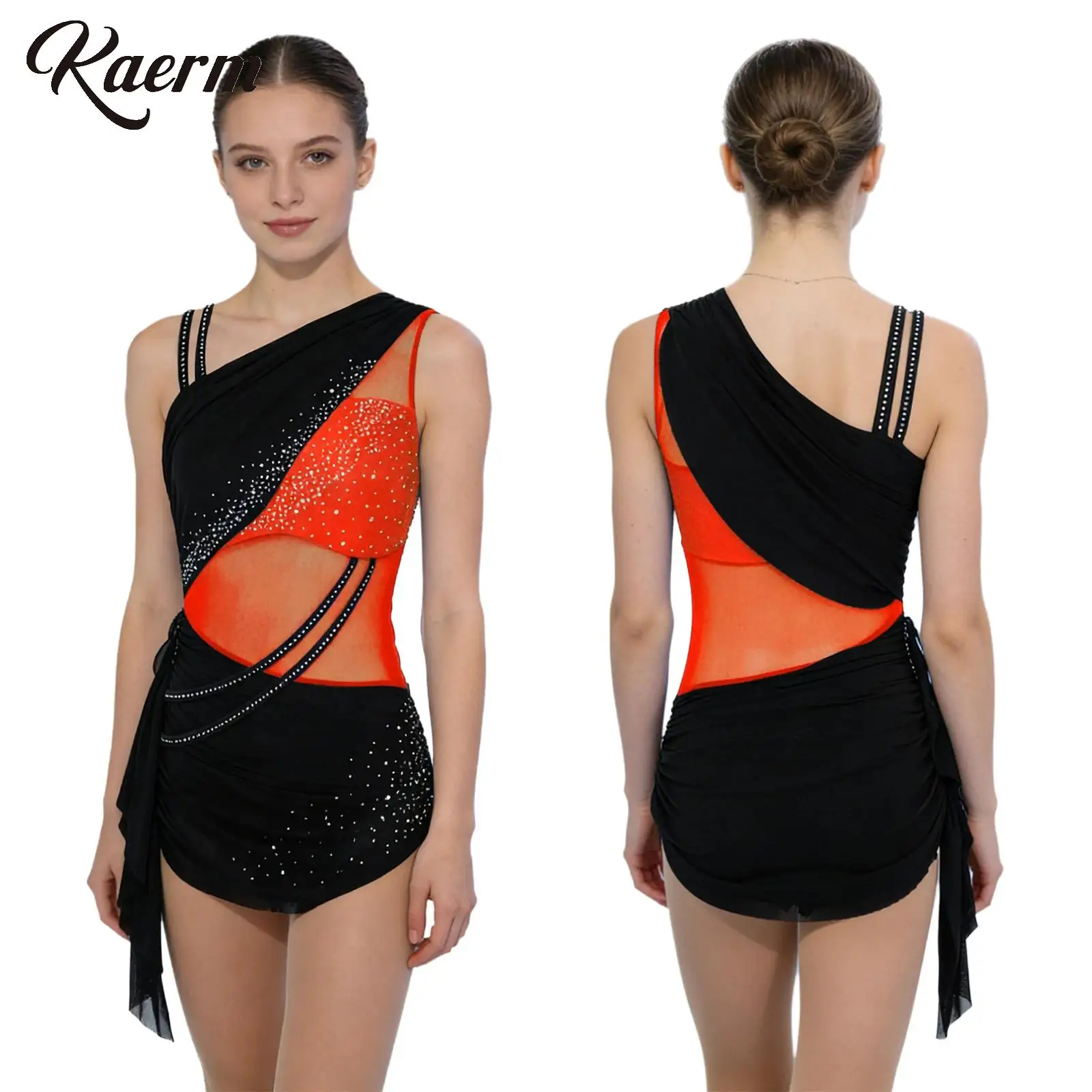 

Women Rhinestone Color Block Figure Skating Bodysuit Gymnastic Ballet Leotard Asymmetrical Shoulder Lyrical Latin Dance Jumpsuit