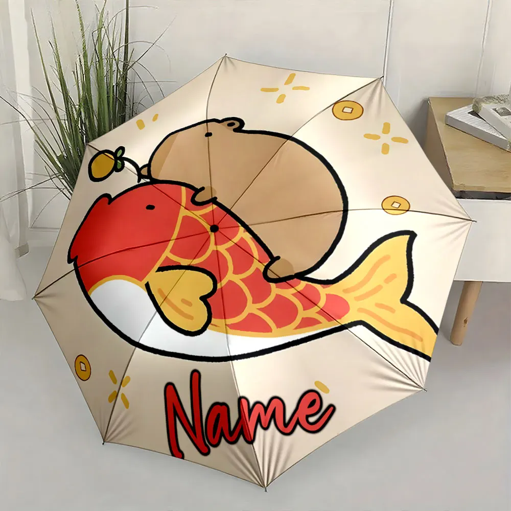 Custom Name Colorful cartoon fish and bear umbrella surface Print 8 Iron Ribs Folding Umbrella, Auto-Open Fashion Sunshade