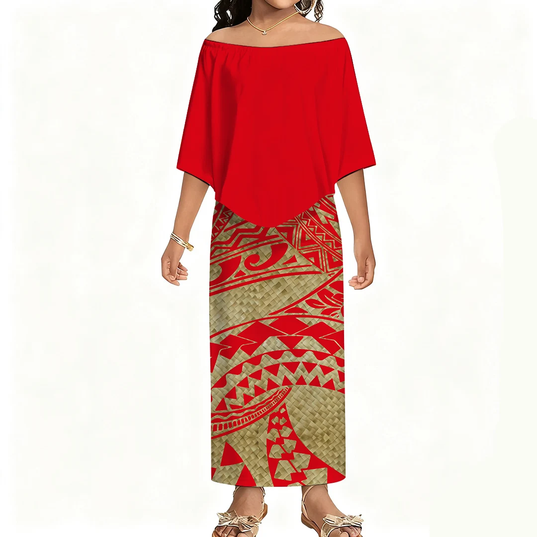 

Летнее детское длинное платье с открытыми плечами и большим подолом спереди, повседневное полинезийское женское платье на заказ, женское платье в стиле ретро для девочек