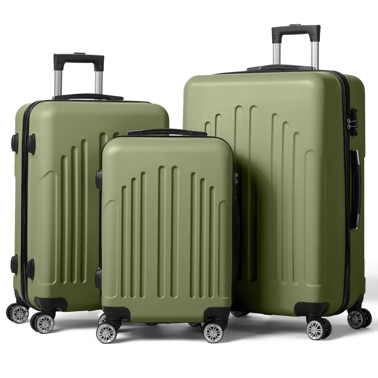 3-in-1 Curved Vertical Stripe Trolley Case - Stylish Gray-Green Luggage for Travel