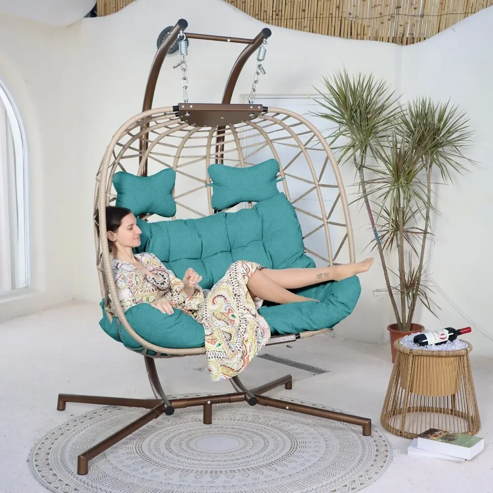 

Oversized 2 Person Patio Swing Chair with Stand, Indoor Outdoor Large PE Wicker Egg Shaped Hanging Egg Chair Thick Cushion