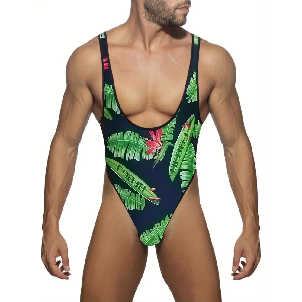 

Men's Tropical Leaf Print Sexy One-Piece Swimsuit Lingerie Shapewear Gay Man Thong Swimwear Beach Wear Surfing Bathing Suit