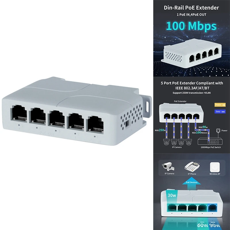 5 Port 10/100Mbps POE Extender 1 In 4 Out Network Switch Repeater Support IEEE802.3Af/At/Bt For Poe Switch NVR IPC