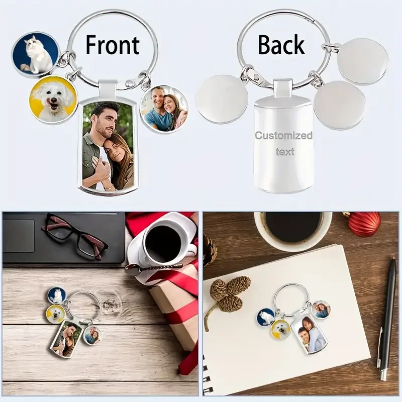 Custom photo/text keychain - personalised couple key ring with round frame pendant. Can be customised with 4 photos