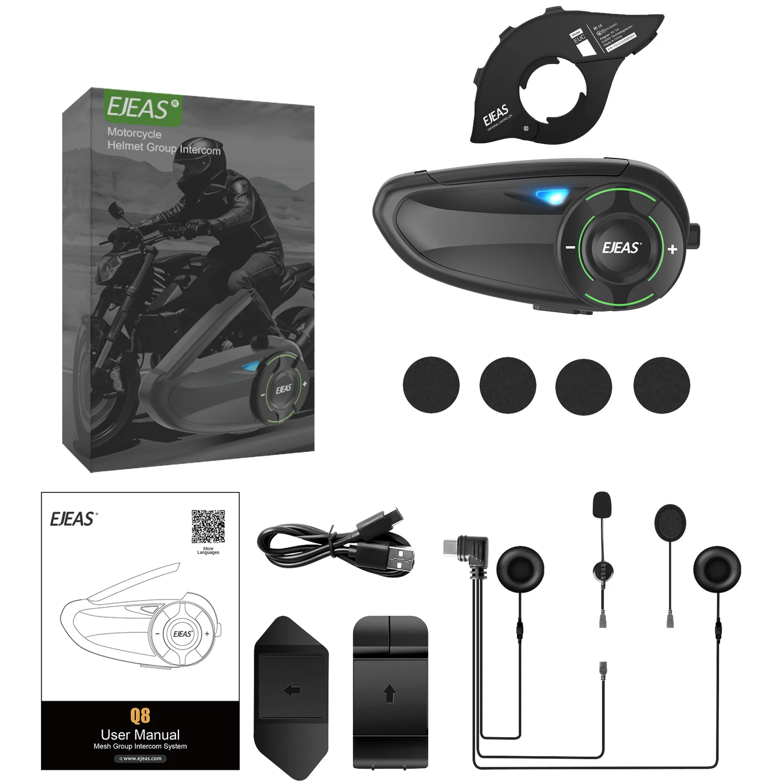 EJEAS 1Pc Q8 Motorcycle Mesh Intercom with EUC Remote Walkie Talkie IP67 Waterproof Bluetooth Interphone Headset  for 6 Riders