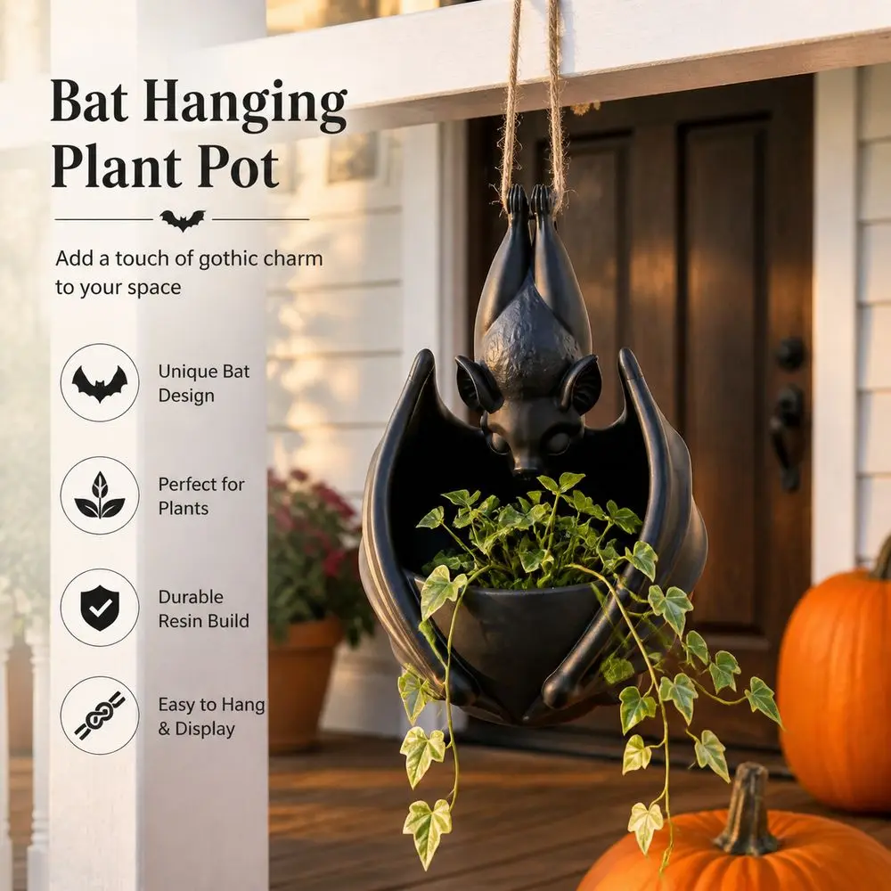 Bat Shaped Bat Hanging Planter Gothic Style with Hanging Rope Hanging Bat Plant Pot Plastic Hanging Flower Pot Indoor Decor