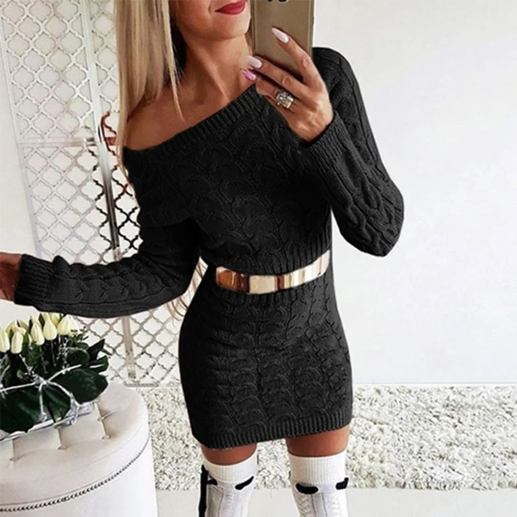 

Women's Autumn Winter Sweater Dresses Long Twisted Bodycon Wrap Buttocks Dresses Sexy One Shoulder Korean Style Slim Fit Dresses