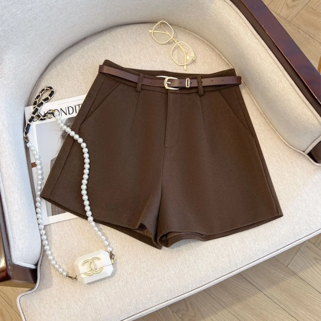 ارتفاع الخصر مكتب OL الدافئة النساء السراويل الصوفية مع حزام الخريف الشتاء الكورية نمط واسعة الساق سراويل قصيرة سيدة #2