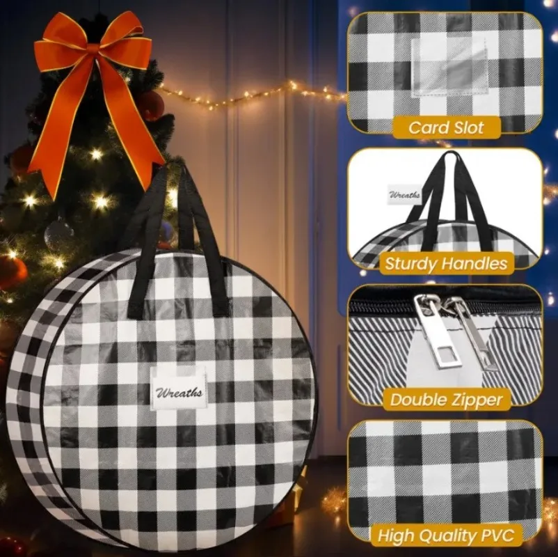 Weihnachts-Aufbewahrungstasche, Weihnachtskranz, Reißverschluss, Aufbewahrungstasche, PP-Farbdruck, filmbedeckt, kariert, runde Tasche, 2025, neuer Trend
