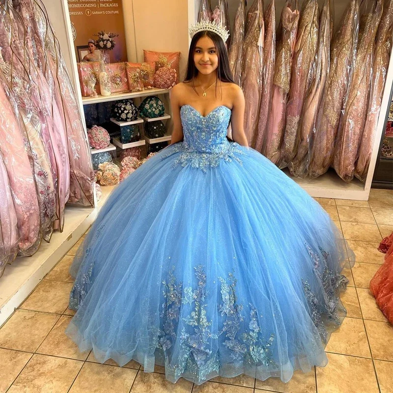 

Blue Ball Gown Quinceanera Dresses Princess 15 Party Glitter Tulle Appliques Court Train Masquerade Cinderella Birthday Gowns