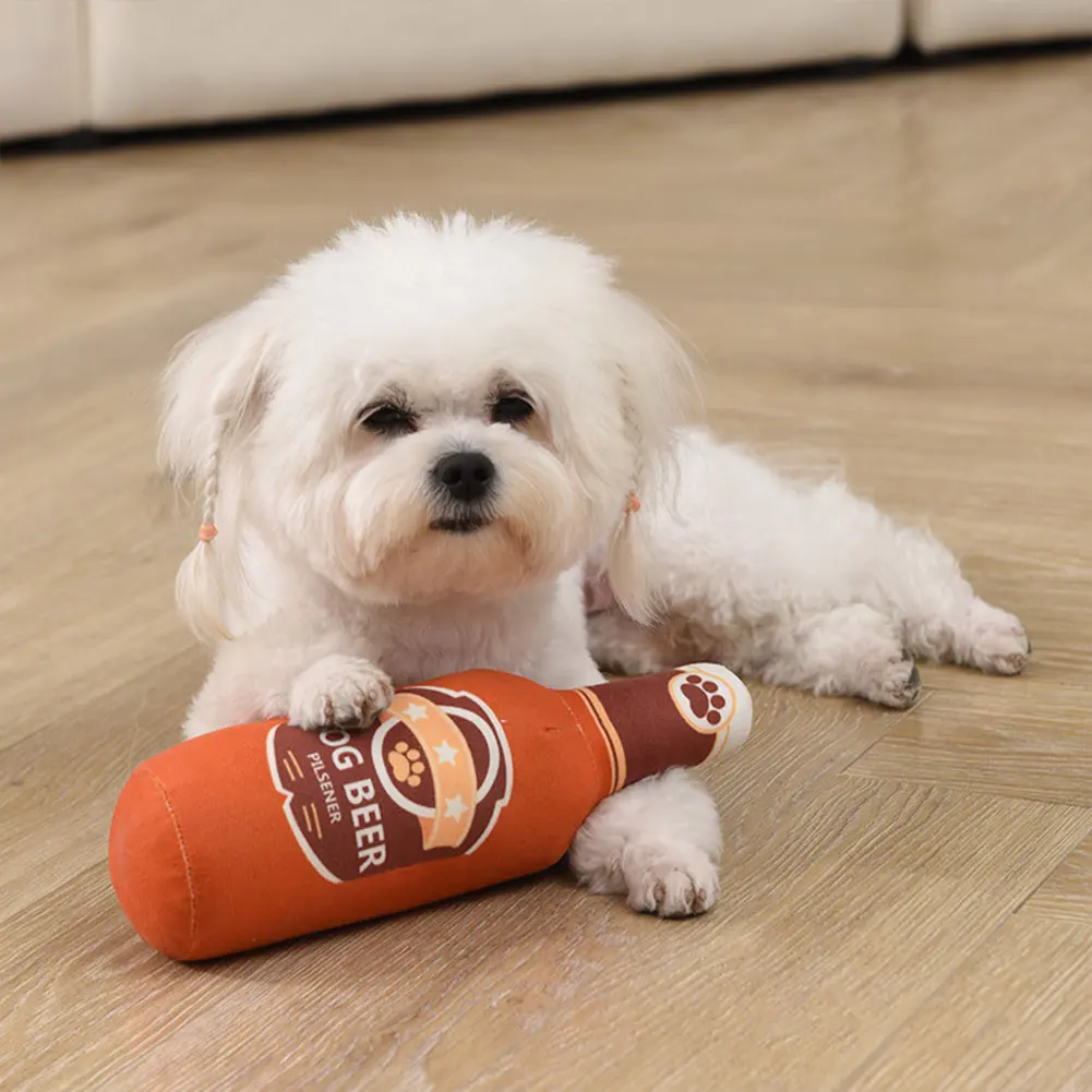 Botol Bir mainan anjing berderit botol anggur mainan anjing mewah mainan boneka anjing interaktif pembersih gigi untuk anjing kecil dan sedang