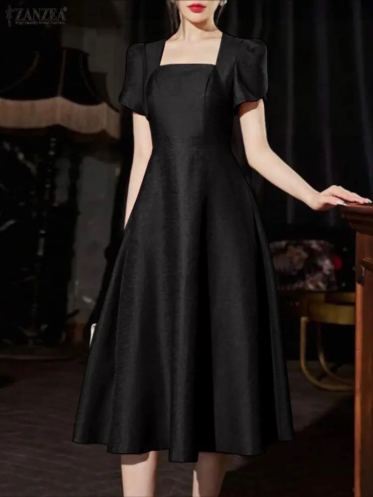 우아한 파티 드레스 ZANZEA 여성 드레스 2025 스퀘어 넥 페탈 슬리브 새틴 선드레스 허리 라인 스타일리시 솔리드 OL 워크 베스티도