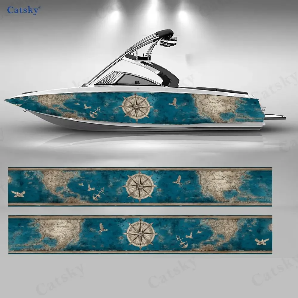 2Pcs Compass & Anchor Shadow Boat Sticker, PVC Waterproof Durable Vinyl Wrap Decals for Fishing Boat, Durable and Stylish Design