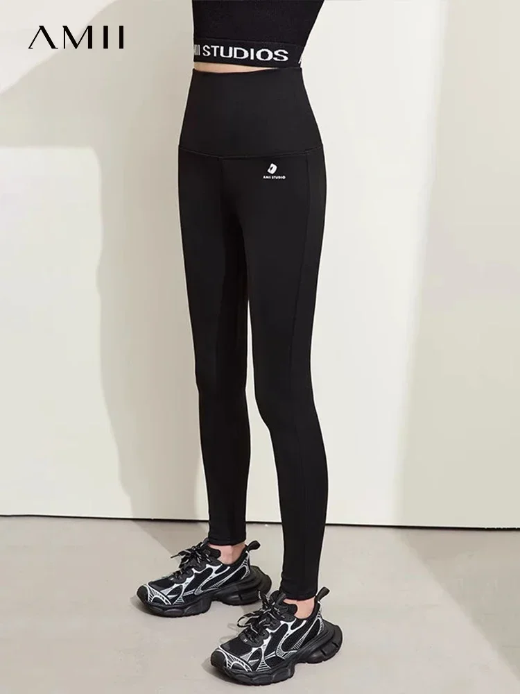 AMII Leggings minimalistes pour femmes 2025 hiver nouveaux bases Stretch polaire imprimé mince taille haute solide pantalons de Yoga femme 12344337