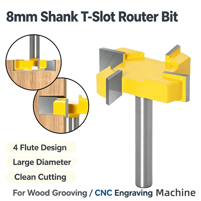 8 Shank 4 Flute T Slot Router Bit, Large Diameter Bottom Cleaning Cutter, Wood Grooving Milling Cutter for CNC Engraving Machine