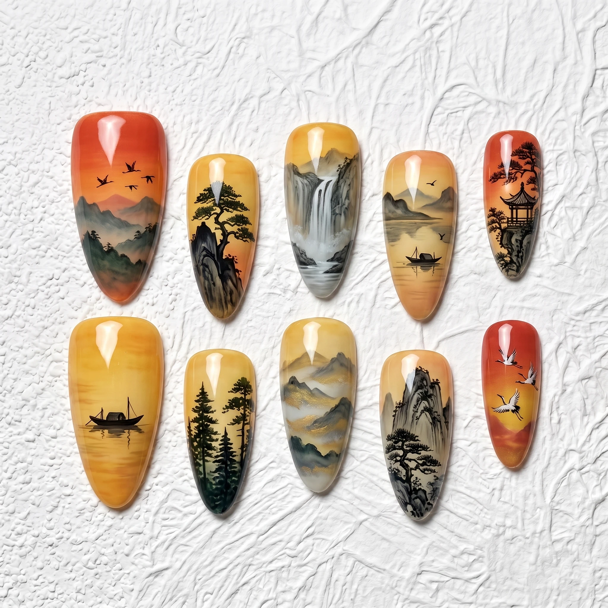 Artisan Handcrafted 10PCS Elegant Almond Press-On Nails | Chinese Landscape, Hand-Painted Waterfall & Crane, Bridal Holiday Wear