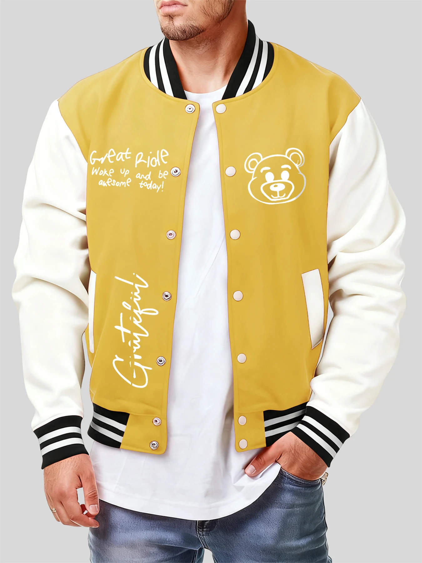 

Gentle Little Bear Print Men Baseball Jersey Hip Hop American Top Personality Fashion Y2K Menswear Street Casual Jackets