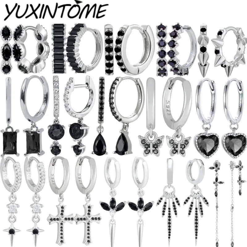 

925 Sterling Silver Needle Punk Black Series Small Hoop Earrings for Women 24K Gold Earrings Trend Jewelry Ear Accessories