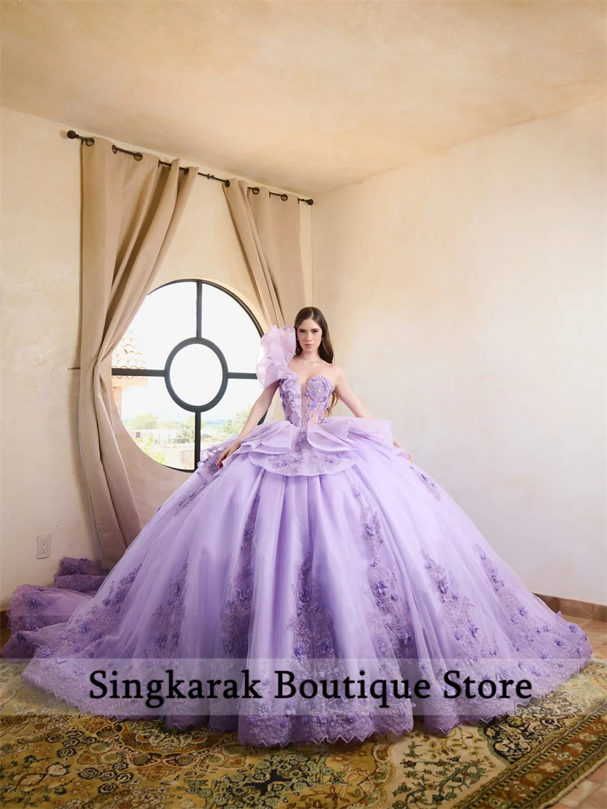 Sukienki Quinceañera w kolorze liliowym i lawendowym, księżniczka, gorset kwiatowy, kryształy, sznurowane, aplikacje, vestido de 15 quinceañera, szyte na miarę