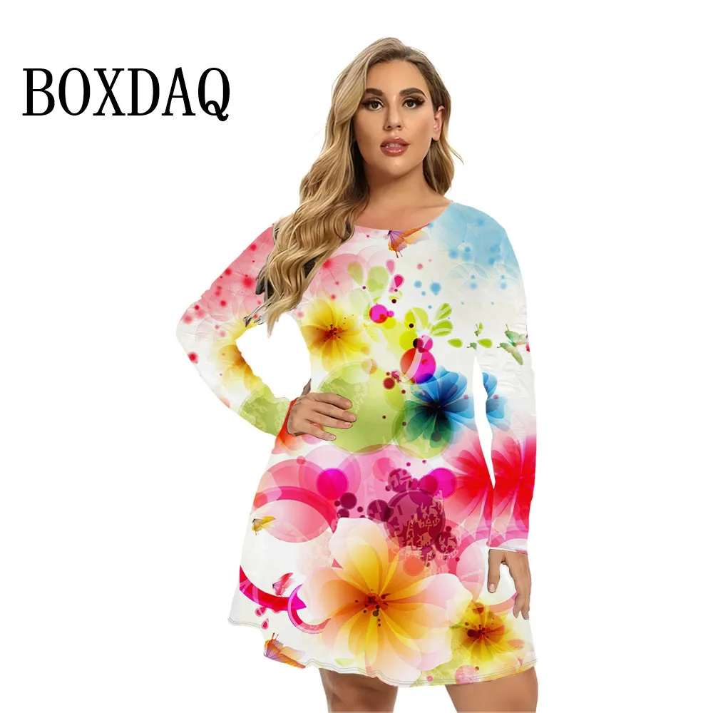 Auutmn Winter Long Sleeve Dresses Women Trend Gradient Flower Print A-Line Dress Fashion Plus Size Casual Loose Oversized Dress