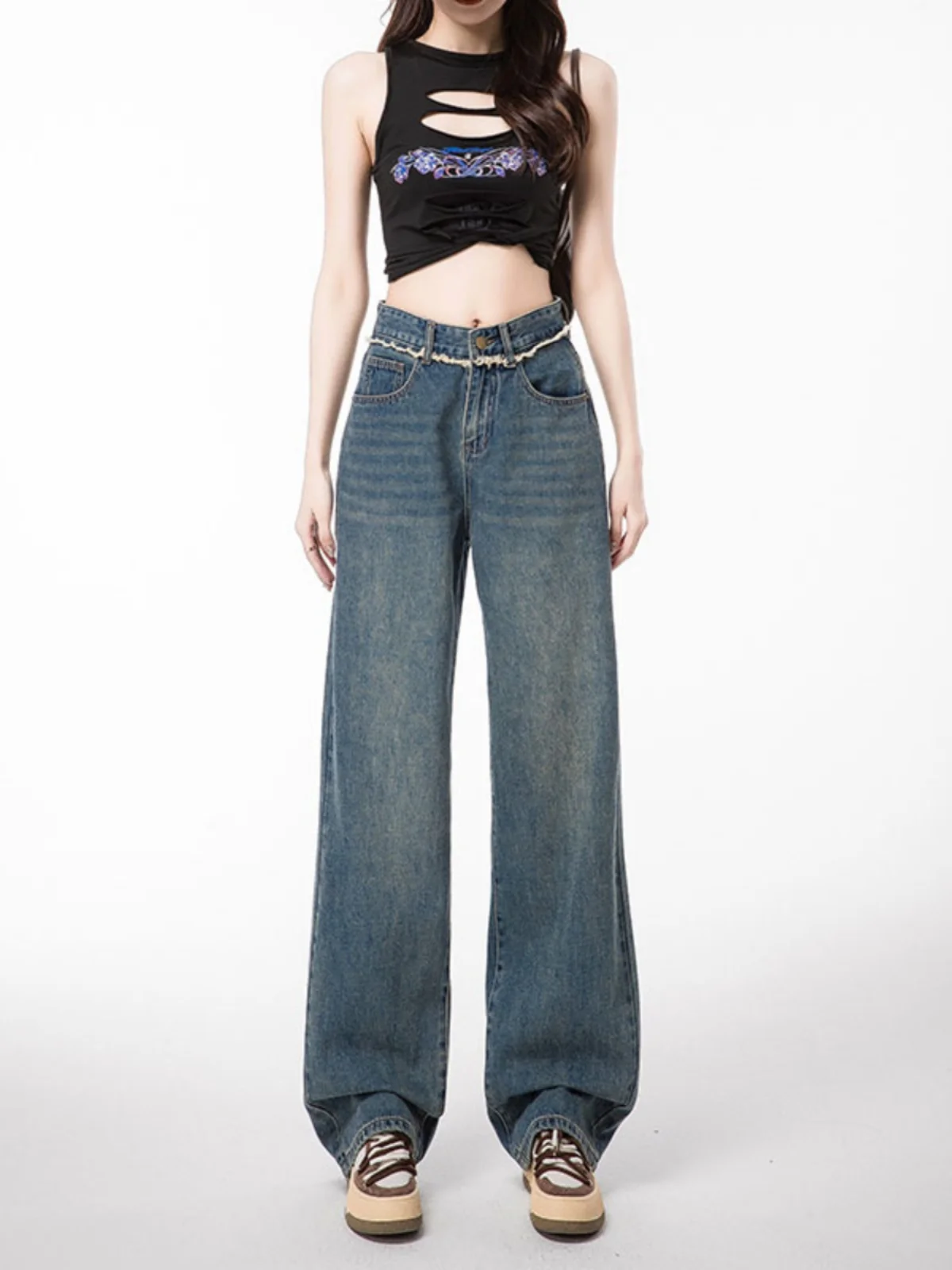 

High Waist Wide Leg Denim Jeans Women's Straight Loose Spring Autumn New Slimming Long Pants Floor Length Pocket Detail