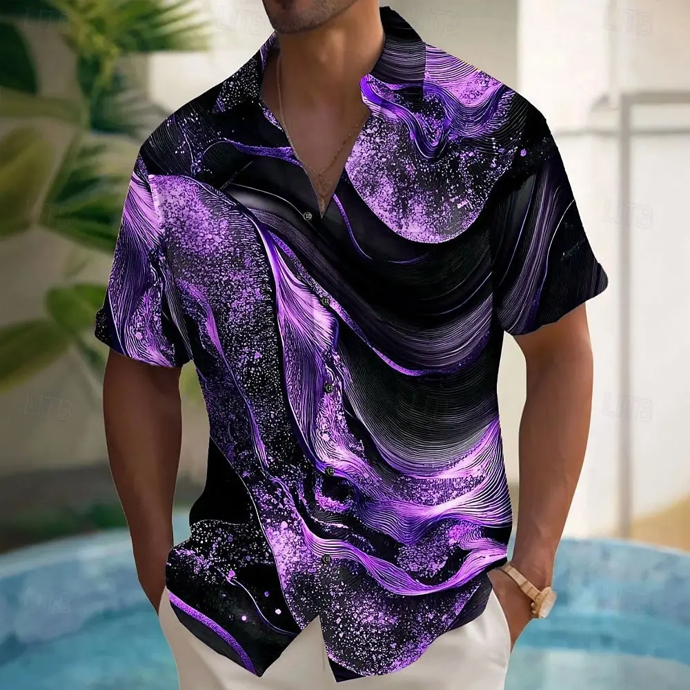 Multi Color Gold Foil Liquid Marble Print Men Short Sleeve Shirts Luxury Beach Island Vacation Casual Blouse