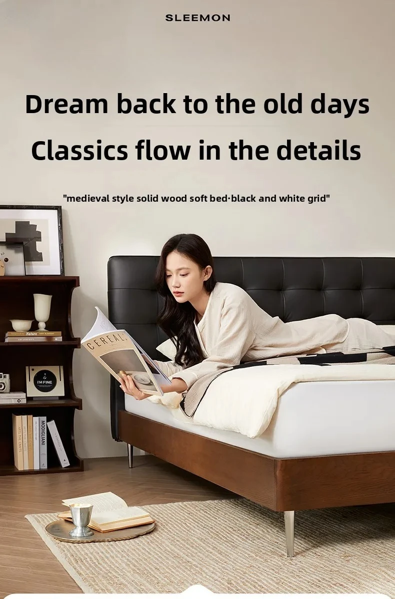 Solid Wood Frame Minimalist Full Genuine Leather Bed High-End Elegant Double Bed Black and White Checkered