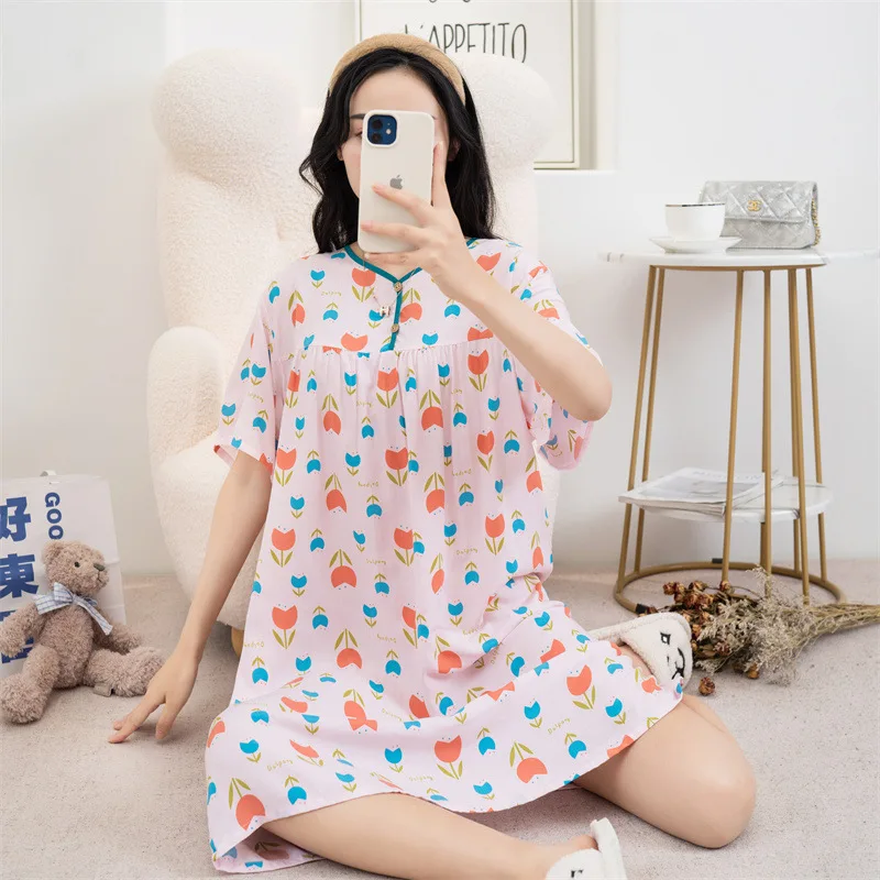 Cotton Rayon Sleep Dress Nightdress For Women Spring Summer Short Sleeve Printed Home Clothing New Large Size Ladies Nightgowns