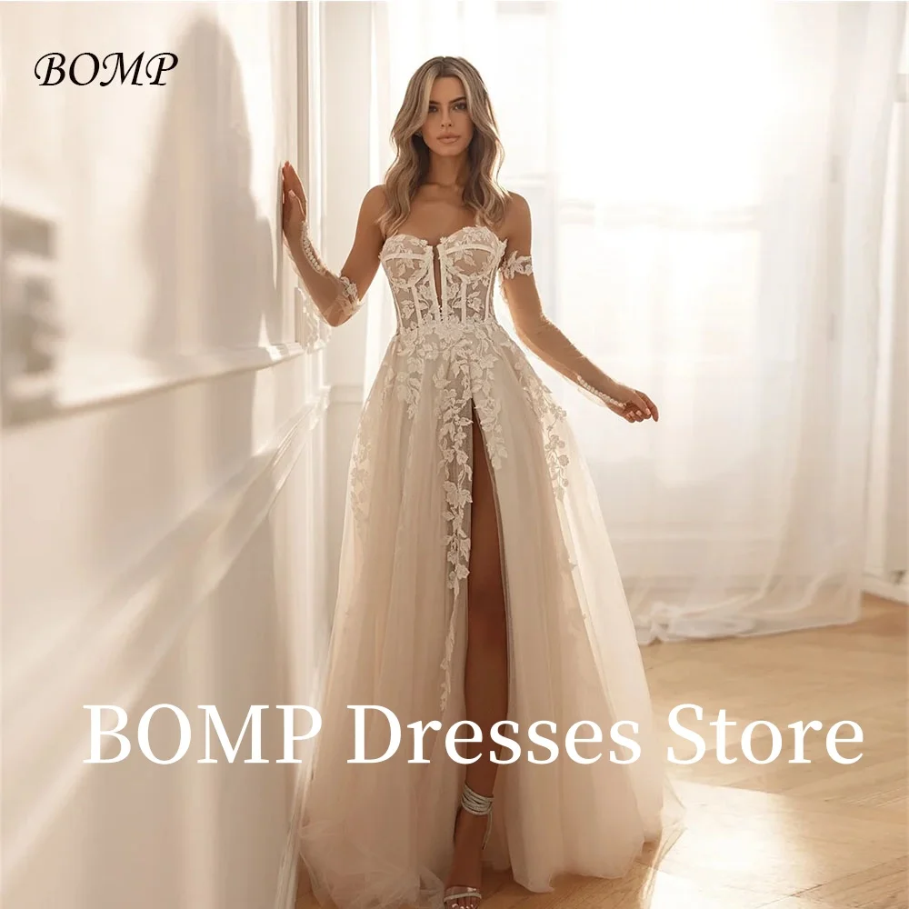 BOMP Schulterfreies Hochzeitskleid mit Spitzenapplikationen, abnehmbaren langen Ärmeln, Vestidos de Novia, A-Linie, seitlich geschlitztes Tüllkleid, individuell gestaltet