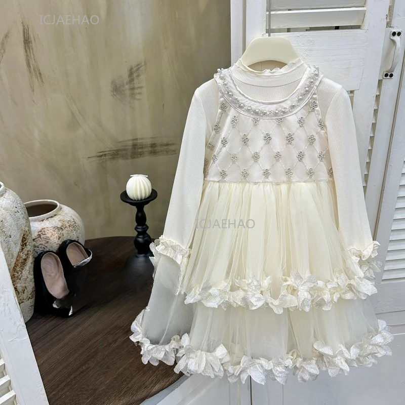 Teen Girl Clothes Children Fall New Girls Tulle Dress Suit French Petal Princess Gown Kids Korean 2 Piece Set Dresses Costume