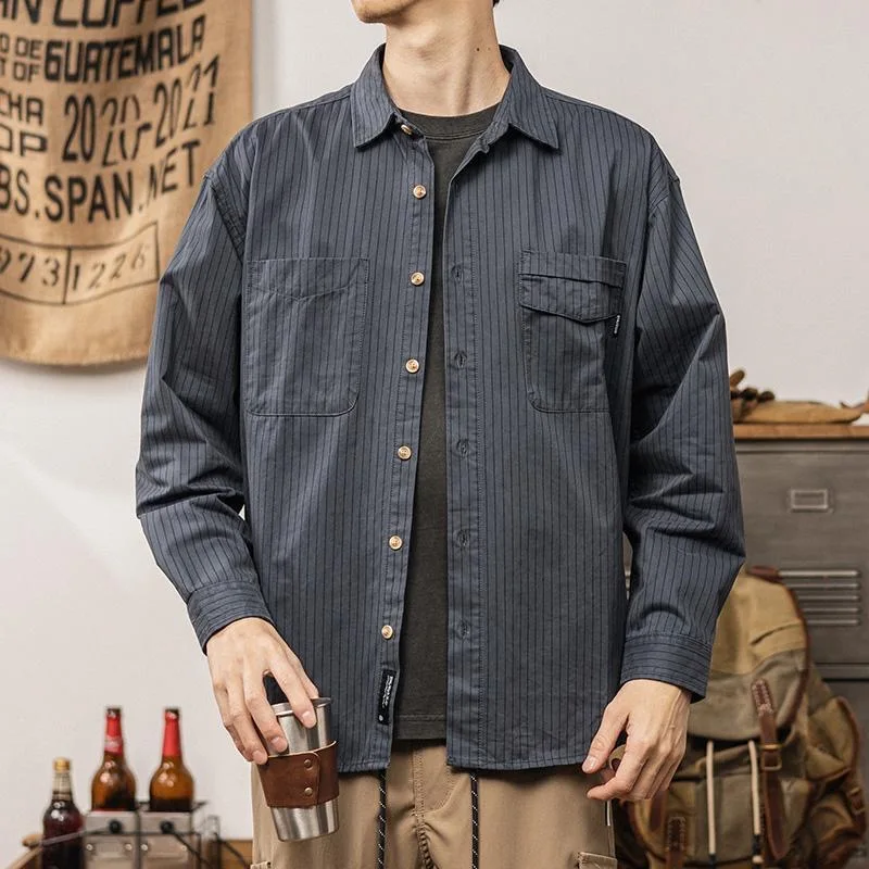 Осень и весна, новая модная тенденция, американская винтажная полосатая рубашка, мужская повседневная свободная спортивная рубашка больших размеров с длинным рукавом M-3XL