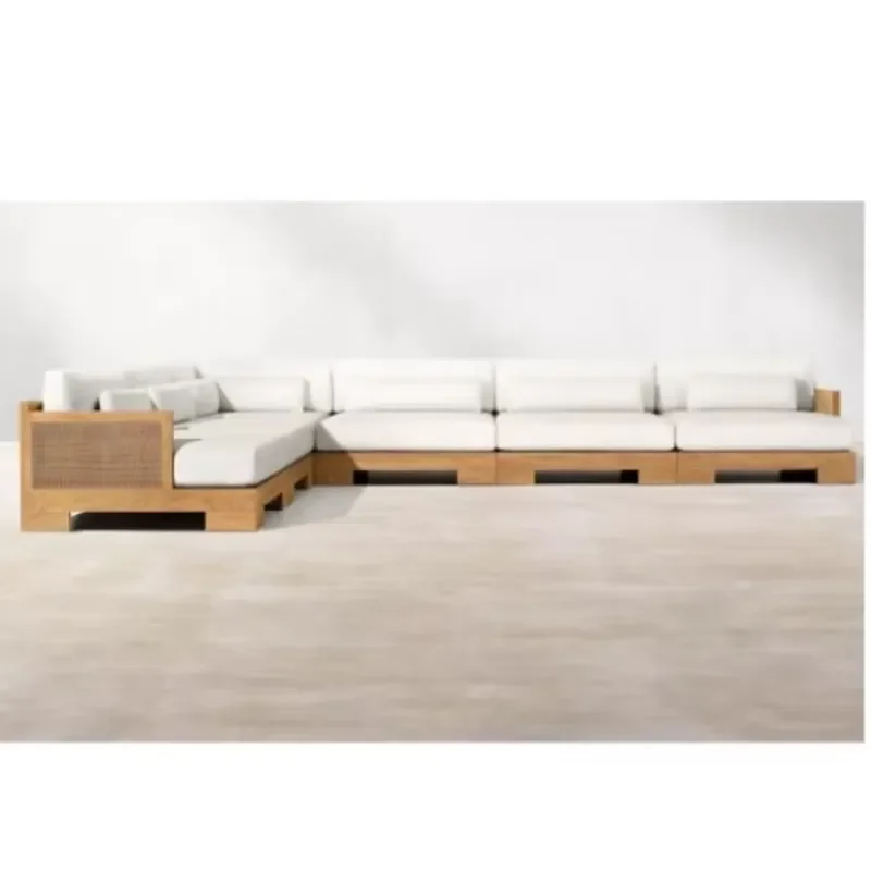 Patio Outdoor Furniture Mixed Materials Natural Wicker Solid Teak Wooden Frame Sectional Sofa Modern