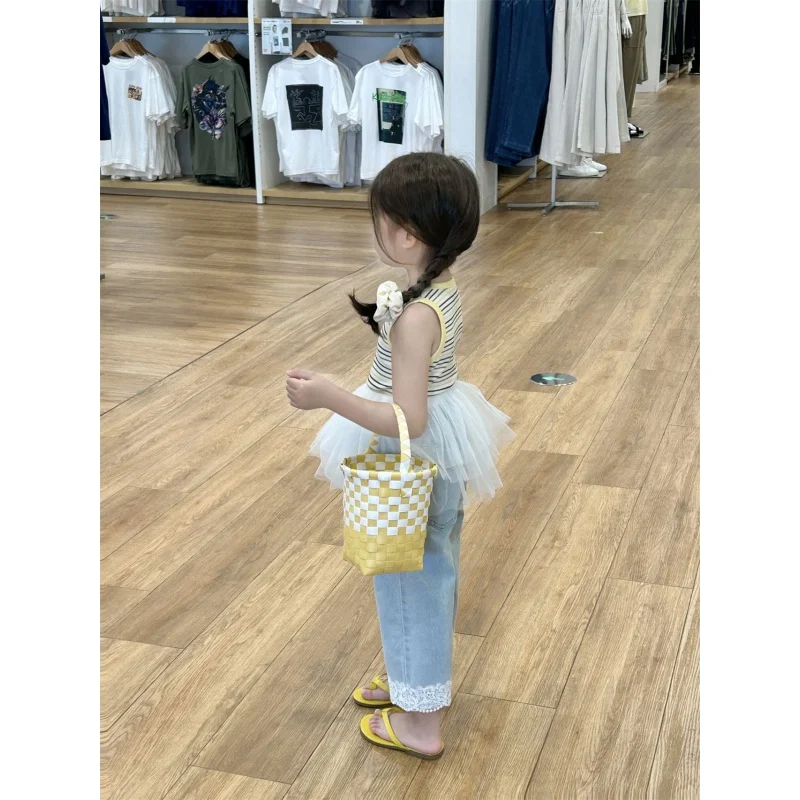 Children's Vest2024Summer New Children Yellow Striped Vest Gauze Skirt Lace Jeans