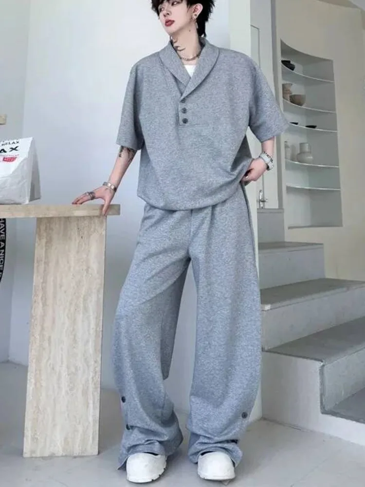 Grey New Summer Men's Two Pieces Set Turn Down Collar Fake Short Sleeve Sweatshirt And Casual Wide Leg Long Pants GPBW