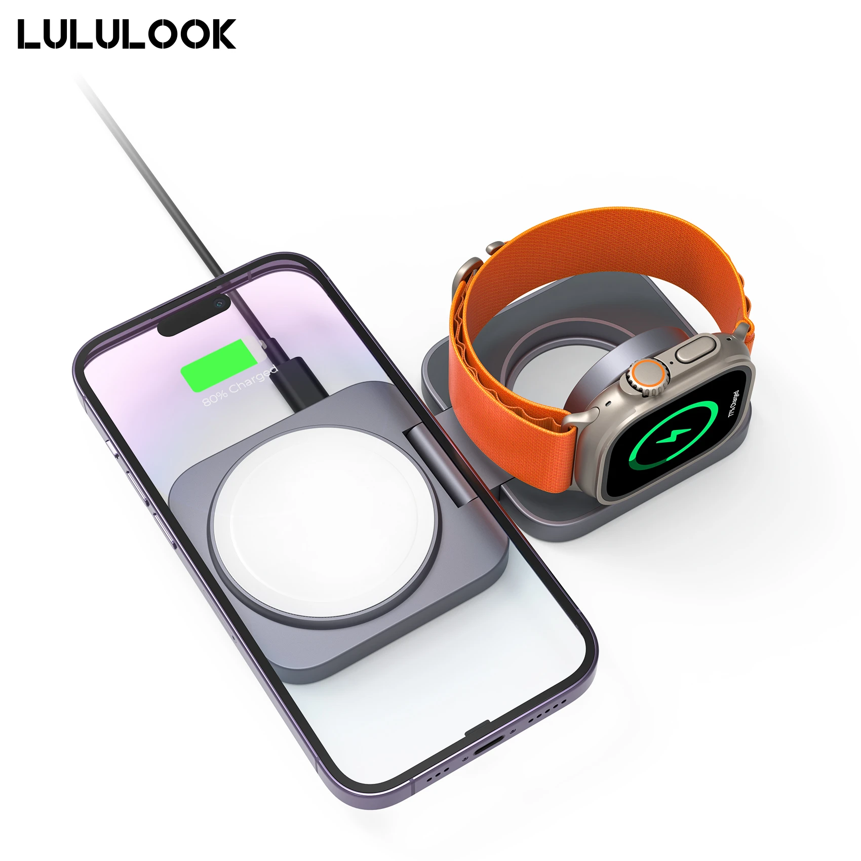 LULULOOK 2 in 1 Foldable Full Aluminum Magnetic Wireless Charging Station For iPhone 16/15/14 Pro Max/13,AirPods,iWatch 10/9/8/7