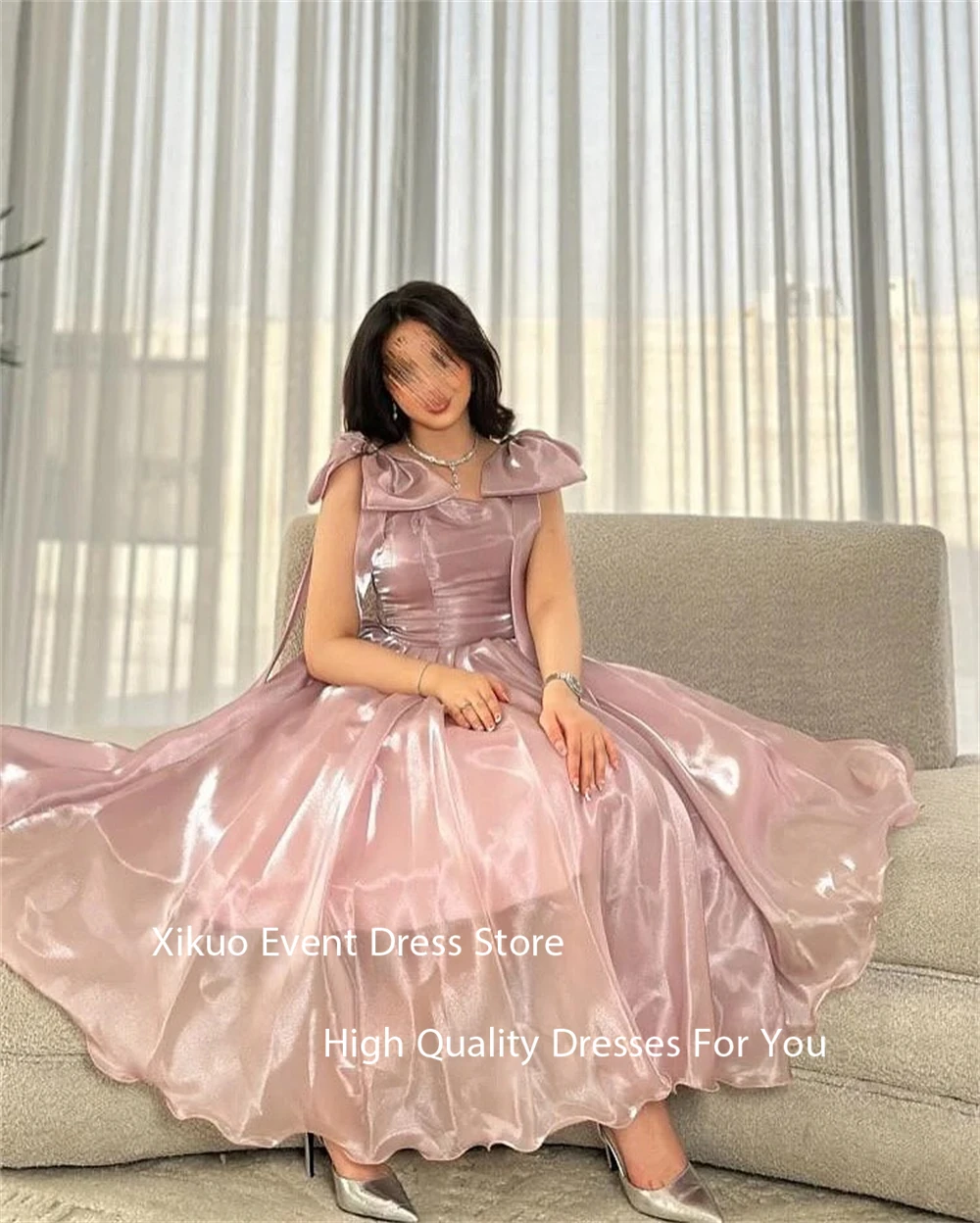 Xikuo Fairy Pink Organza Evening Dress Bow A Line Vestido Para Quinceañera Saudi Arabia Cocktail Party Prom Gowns Customized