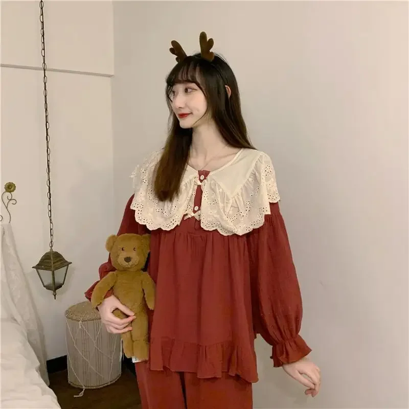 2024 New Oversized Lace Pajamas Women Autumn Winter Loungewear Doll Neck Sleepwear Long Sleeved Falbala Loose Homewear Set
