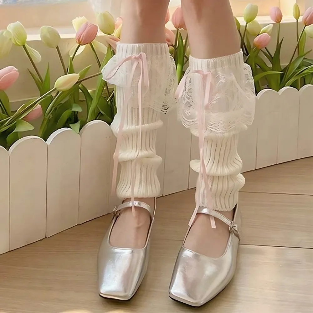 

Japanese Lolita Leg Warmers Sweet Girl Lace Bowknot Ruffle Knit Calf Warmer Boot Socks for Women Y2K Harajuku Fashion Streetwear