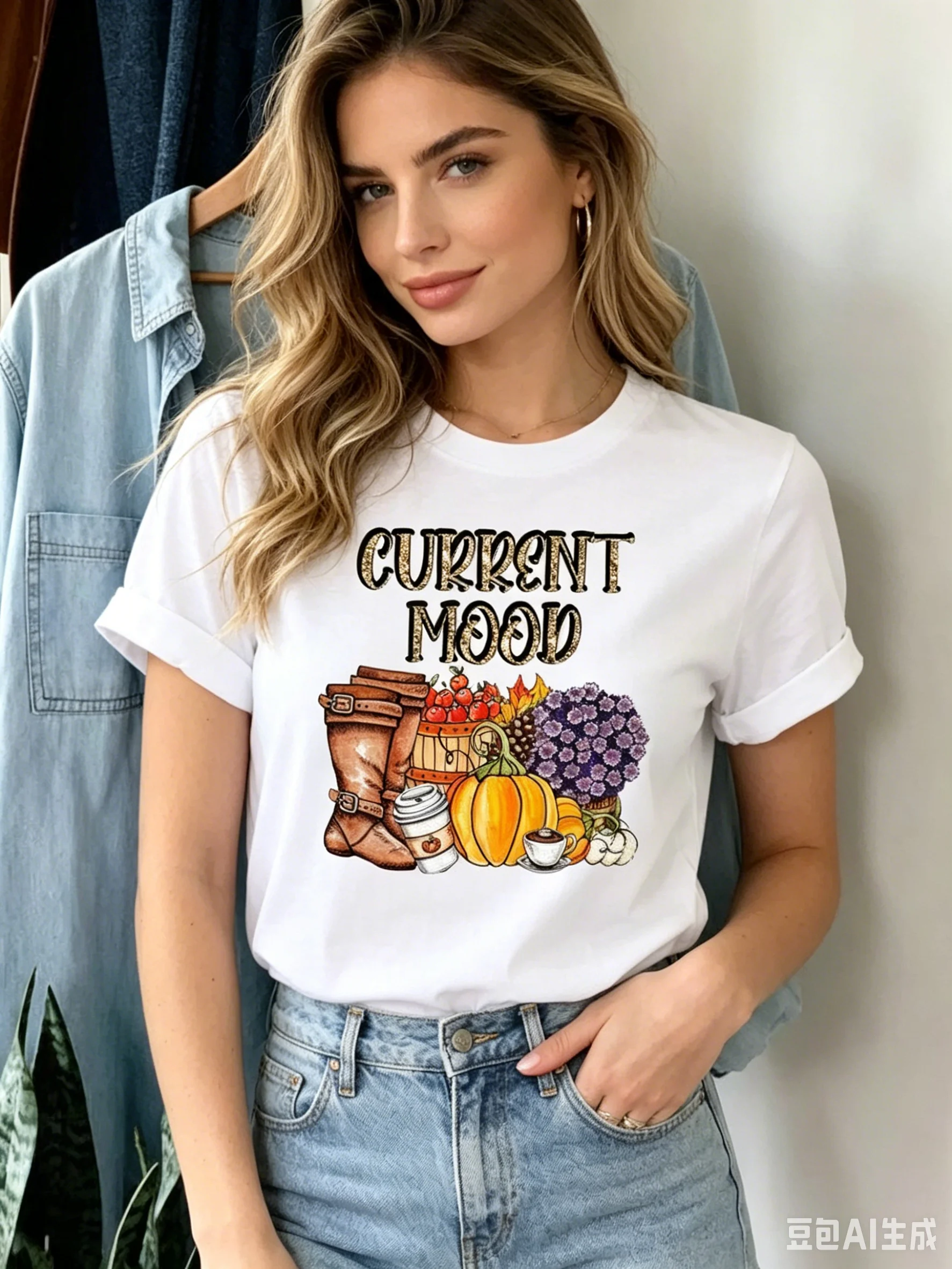 

Pumpkin Leopard Print Letter European T-shirt round Neck Short-Sleeved Vintage Style for Halloween And Thanksgiving Modal fabric