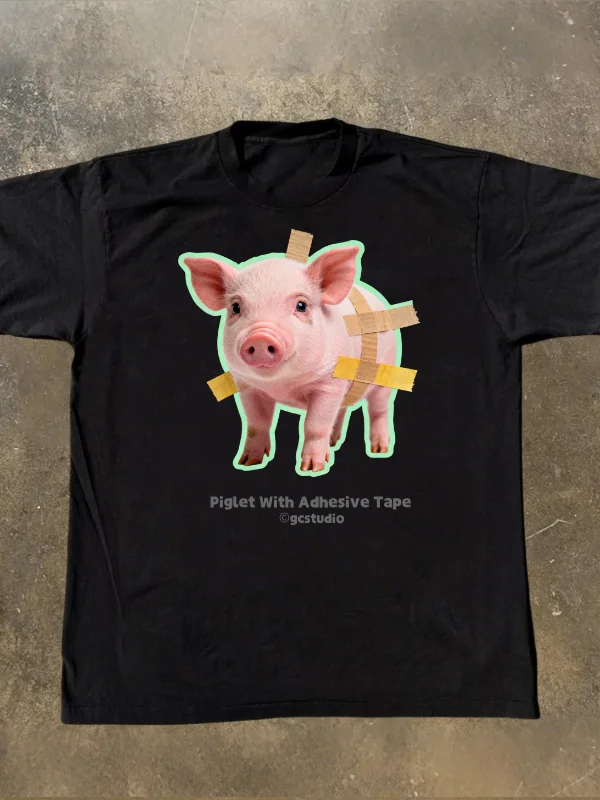 Abstract Pig Decal Tape Short Sleeve T-Shirt Pure Cotton Unisex Summer Casual Fashion Couple's Tee Breathable Printed Tee