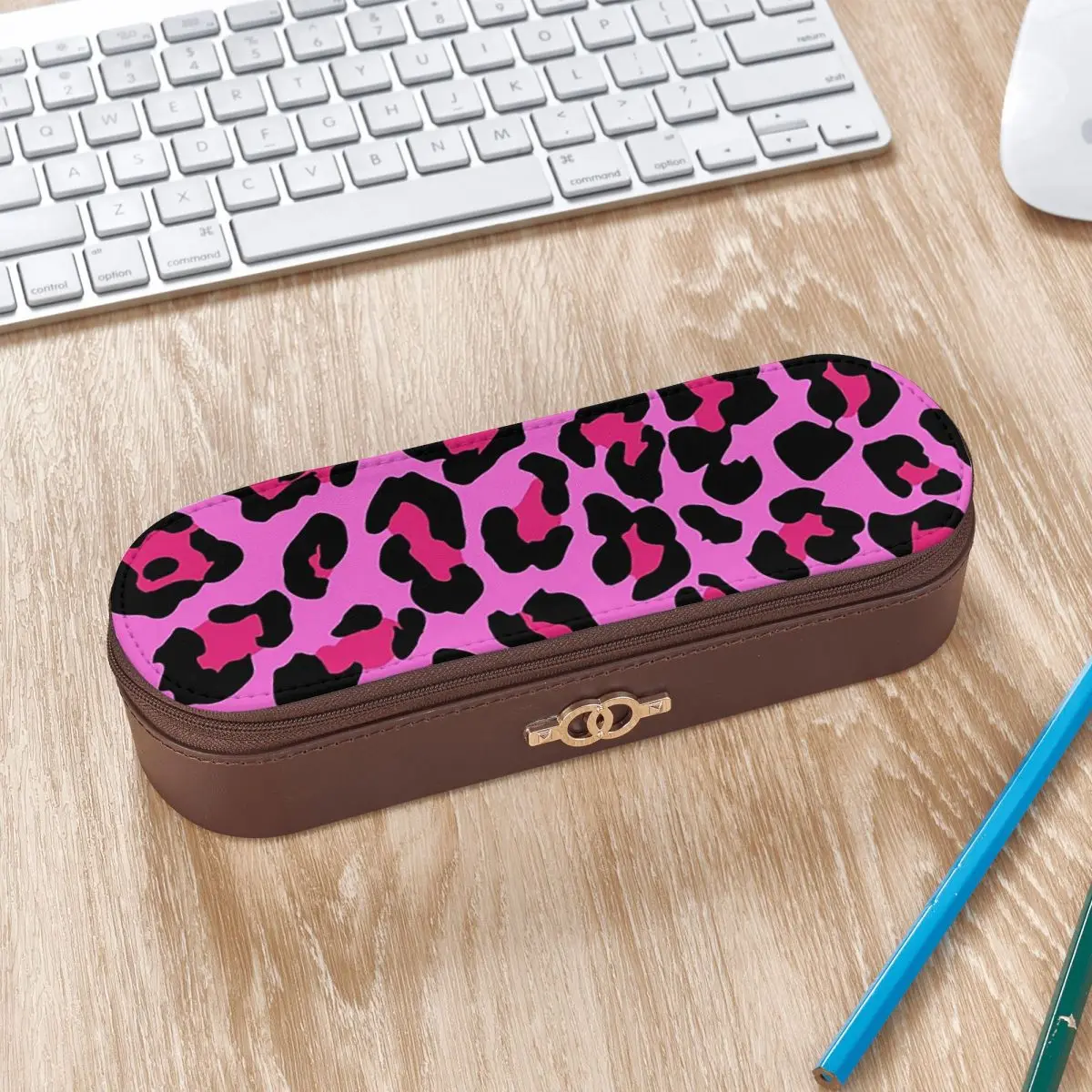Neon Pink Leopard Print Cheetah Pattern Leather Pencil Cases Pencil Pouch Storage Stationery Supplies Pen Box Pencil Bag forKids